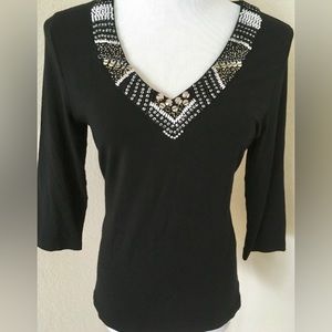 V neck knit top embellished sequence V neck top 3/4 sleeves black top blouse